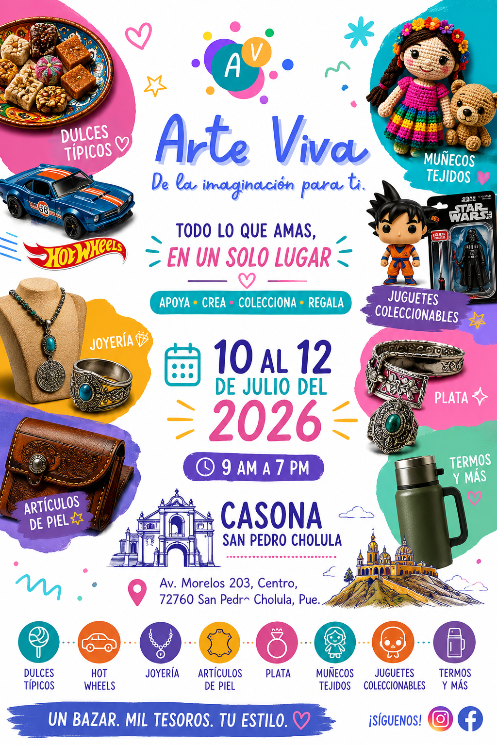 Póster Arte Viva — Casona San Pedro Cholula, 10 al 12 de julio 2026, 9am a 7pm